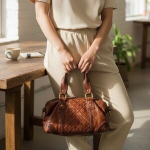 Elliott Lucca Brown Woven Leather Satchel Gold Braided Handles Hobo Bag